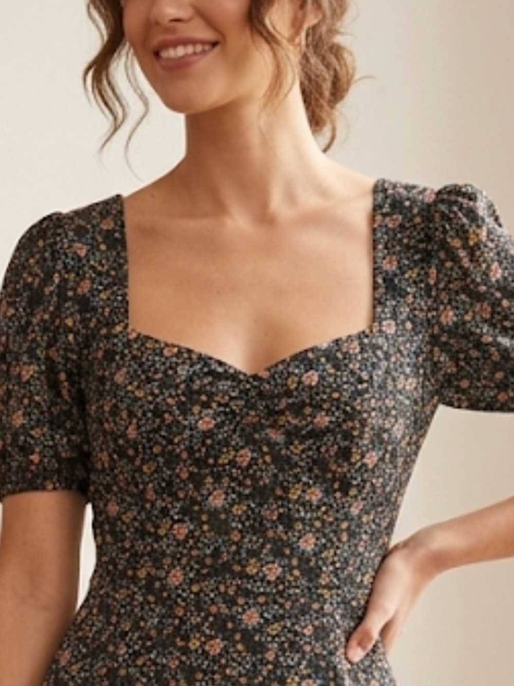 NWT  French Connection Black Floral Square-Neck Puff Sleeve Mini Dress - Picture 2 of 5